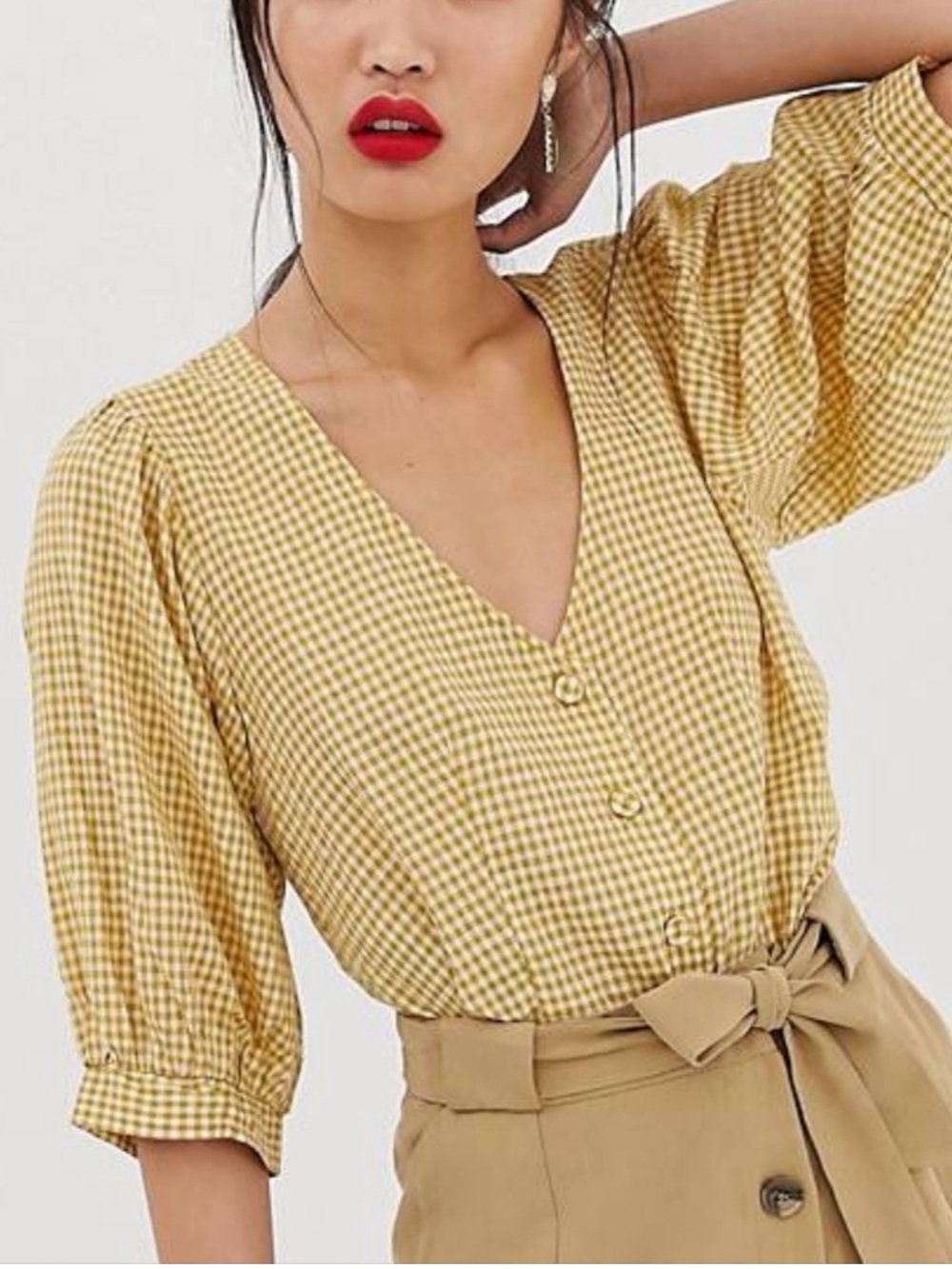Mango lagenlook mustard gingham V-neck puff sleeve button up resort crop blouse